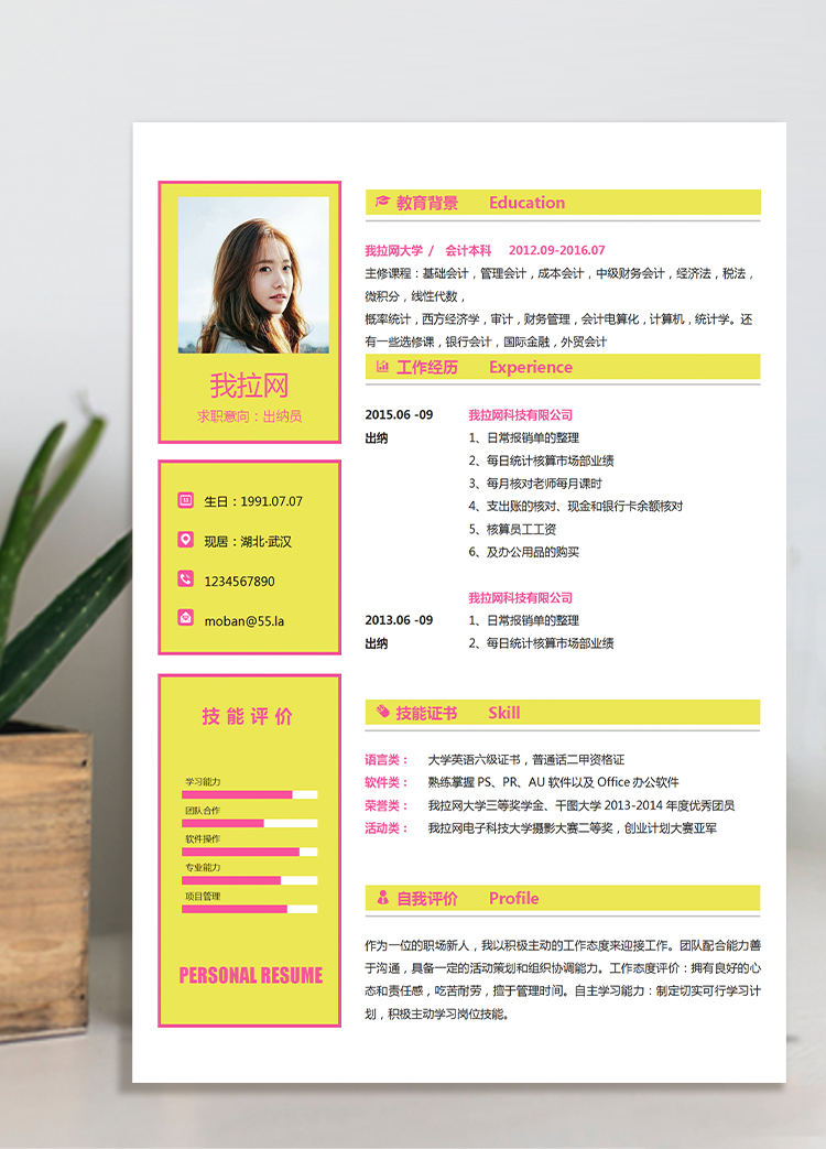 玉米黃高端風出納員個人簡歷模板