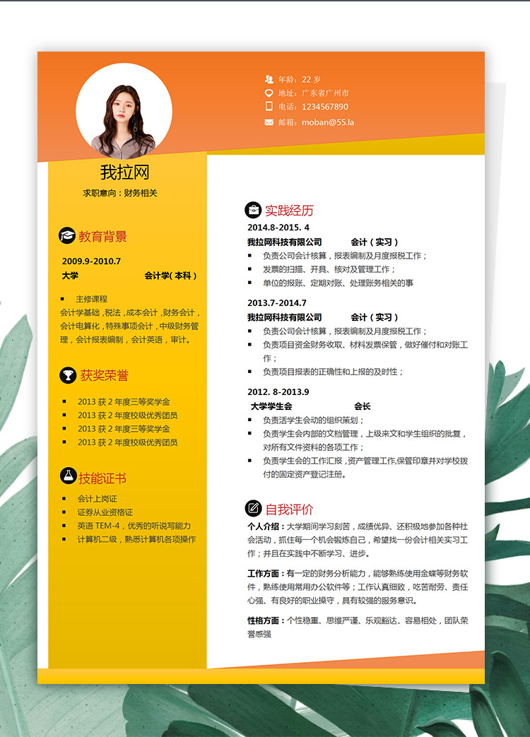 橘黃色創(chuàng)意風格財務相關個人簡歷模板-1