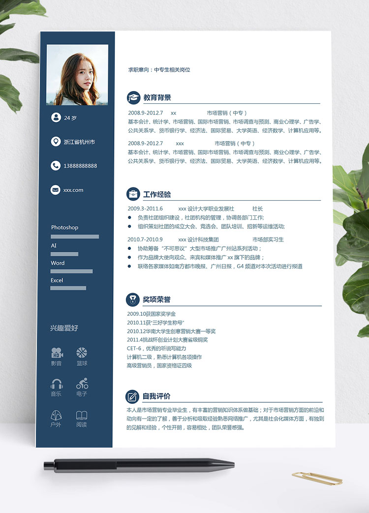 寶藍(lán)色簡(jiǎn)潔風(fēng)中專生個(gè)人簡(jiǎn)歷模板