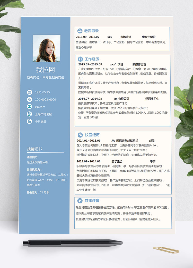 湖藍(lán)色精美風(fēng)中專生個(gè)人簡歷模板