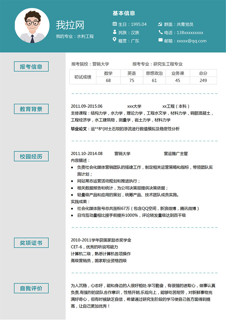 蔚藍(lán)色簡約風(fēng)土木工程研究生簡歷模板-1