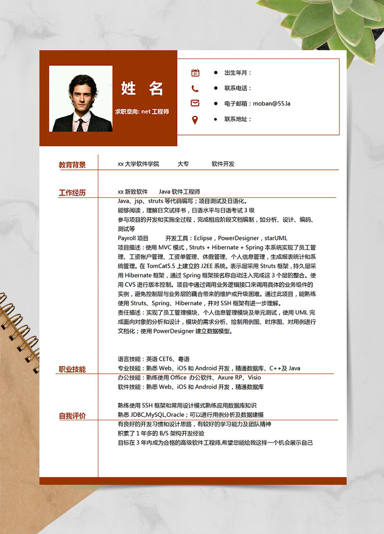 棗紅色簡約風(fēng)net工程師應(yīng)屆生簡歷模板
