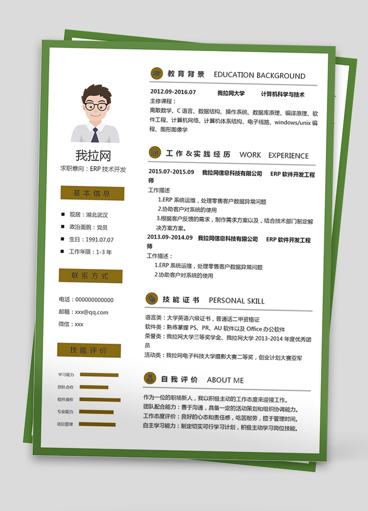 綠色ERP開發(fā)維護(hù)技術(shù)負(fù)責(zé)人簡(jiǎn)歷