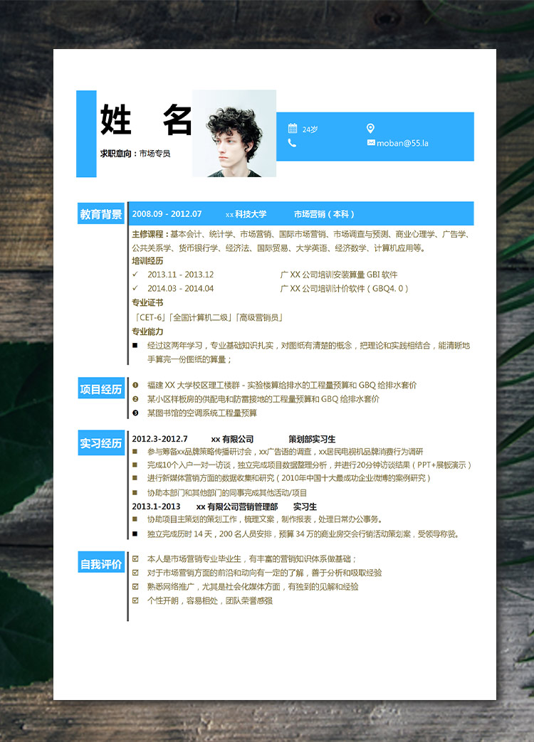 蔚藍(lán)色創(chuàng)意風(fēng)市場專員應(yīng)屆生簡歷