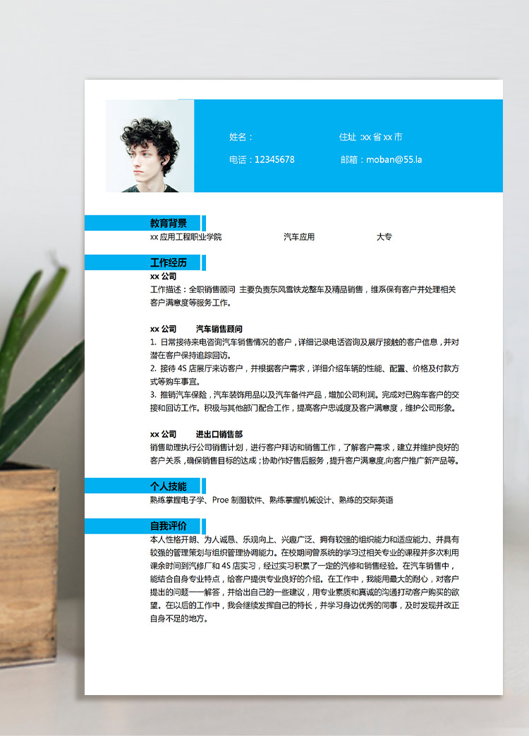 天藍色簡潔風(fēng)應(yīng)聘汽車銷售簡歷模板