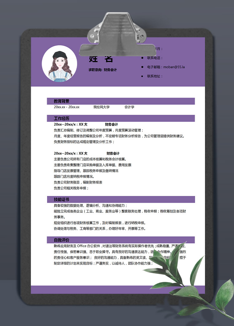 紫色系精美風(fēng)財(cái)務(wù)應(yīng)屆生簡(jiǎn)歷模板