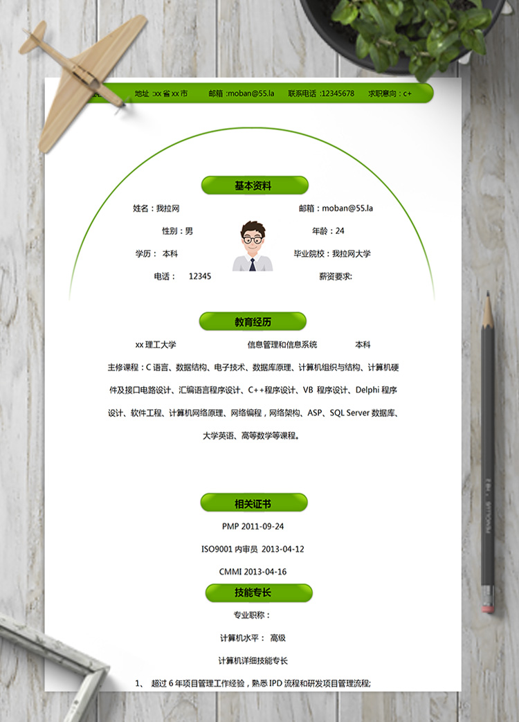 綠色系c+程序員主管簡歷模板