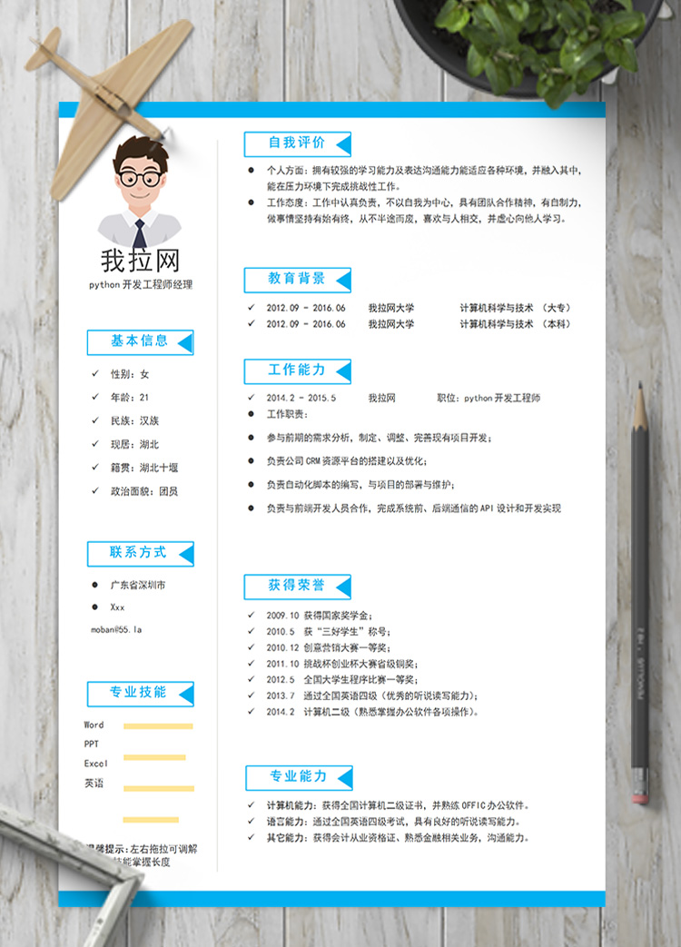 淡藍(lán)python開(kāi)發(fā)工程師經(jīng)理簡(jiǎn)歷模板