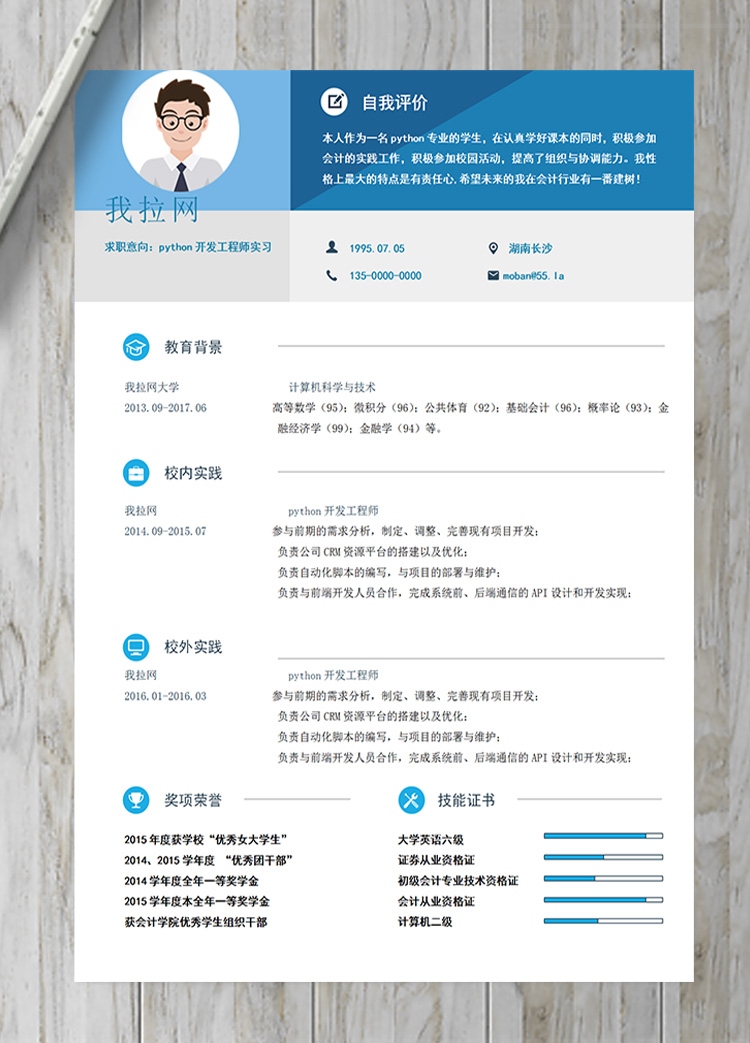 淡藍python開發(fā)工程師實習簡歷模板-1