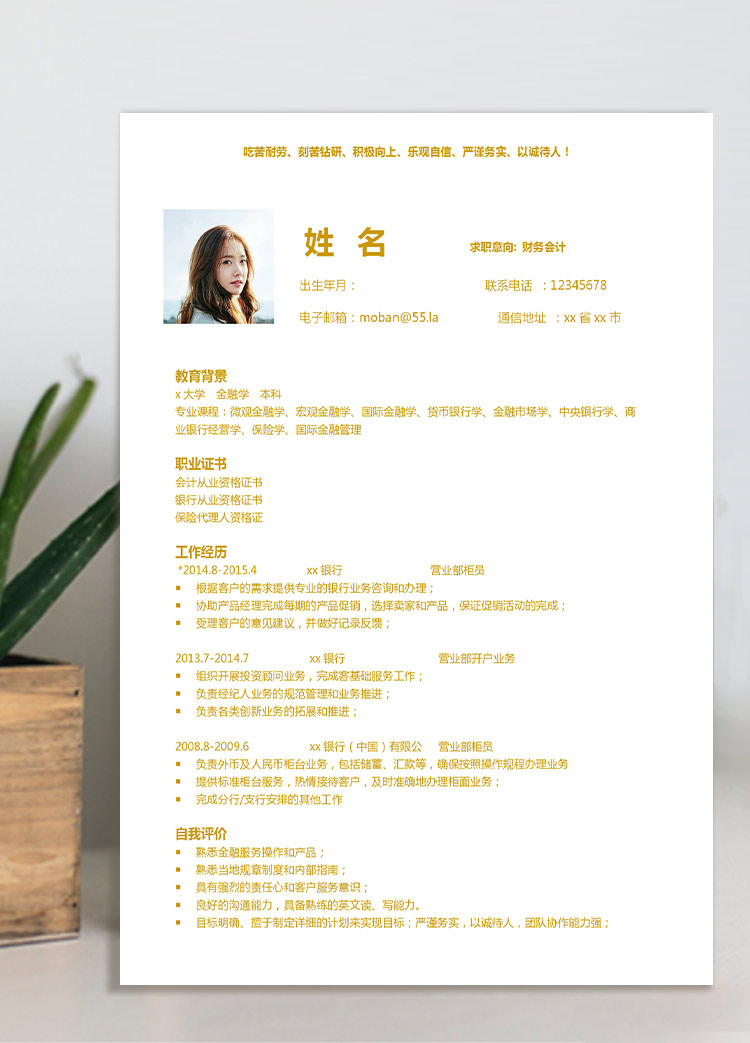 黃色系時(shí)尚風(fēng)財(cái)務(wù)會(huì)計(jì)應(yīng)屆生簡歷