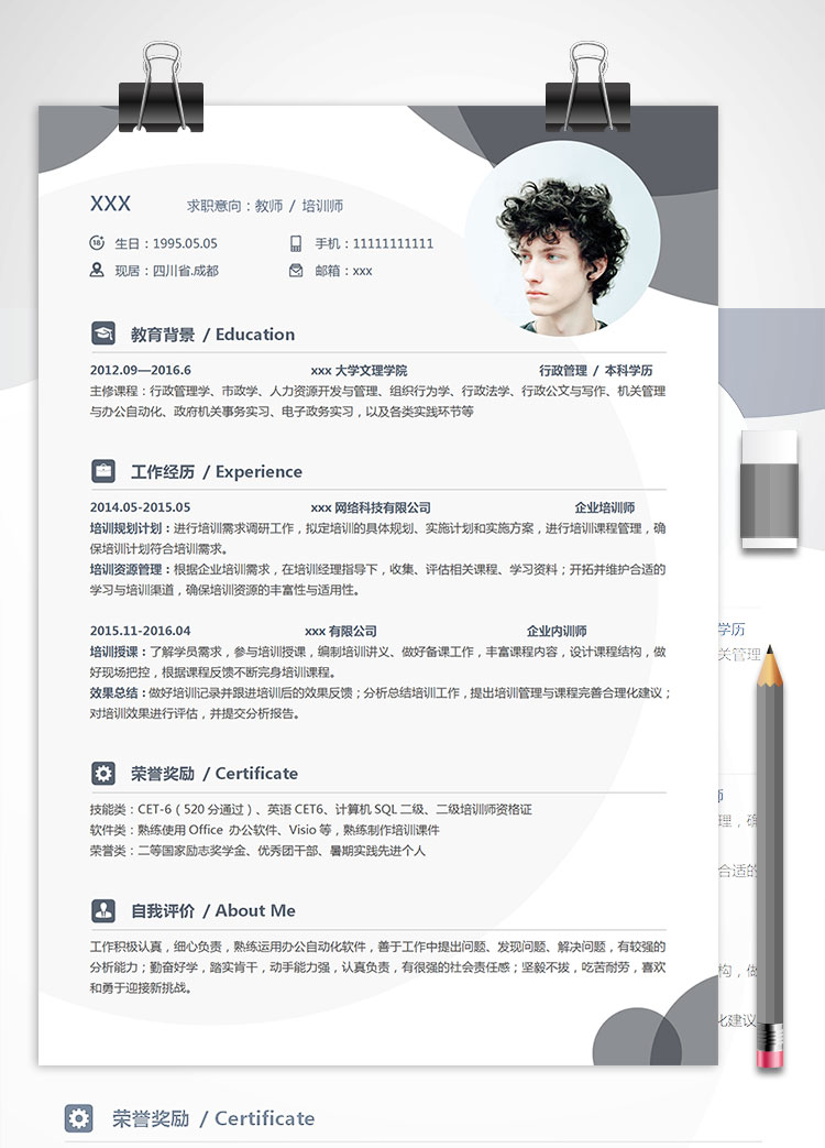 公司內(nèi)訓(xùn)培訓(xùn)師教師個(gè)人簡(jiǎn)歷模板