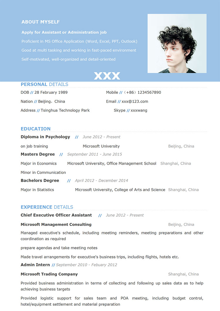 淺藍(lán)色大氣行政助理英文簡(jiǎn)歷模板-1