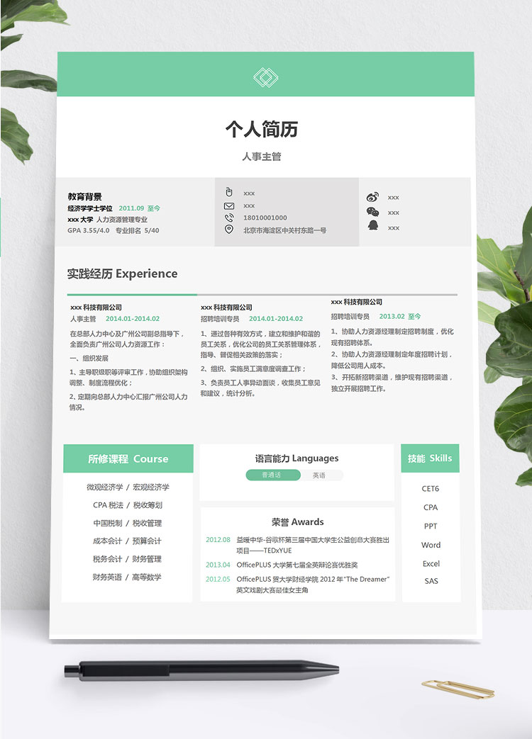 綠色系小清新人力資源主管簡歷模板