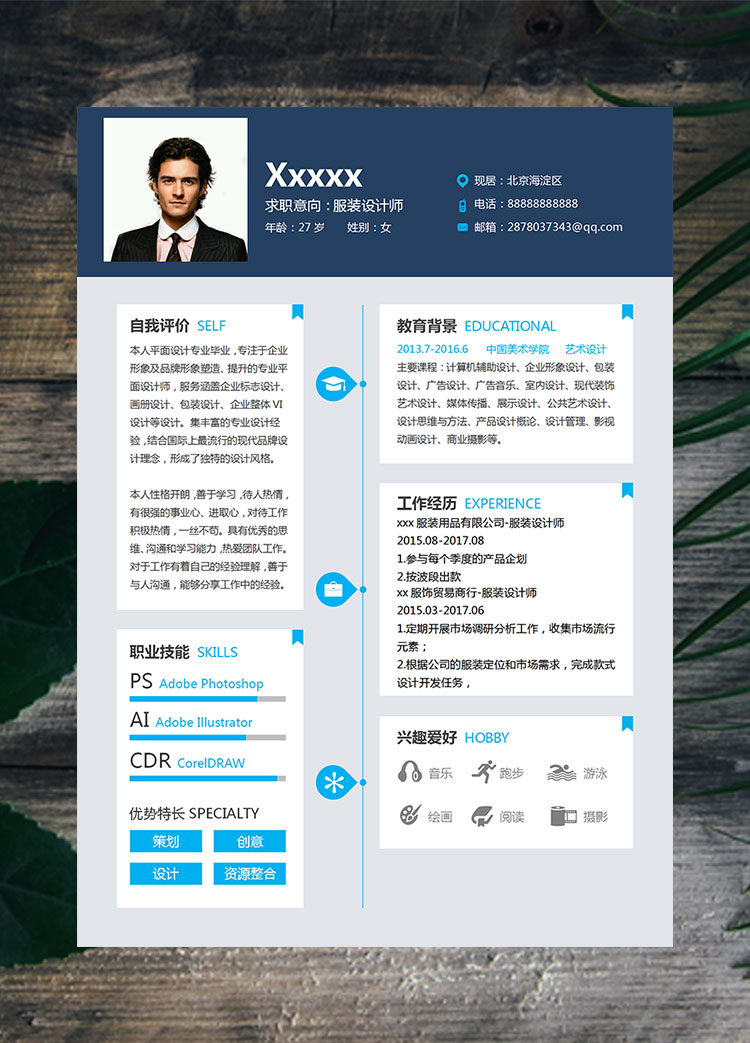 深藍(lán)色清爽服裝設(shè)計(jì)師個(gè)人簡歷模板