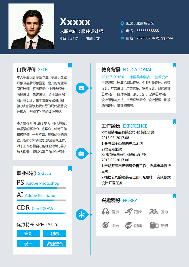 深藍(lán)色清爽服裝設(shè)計(jì)師個(gè)人簡歷模板-1