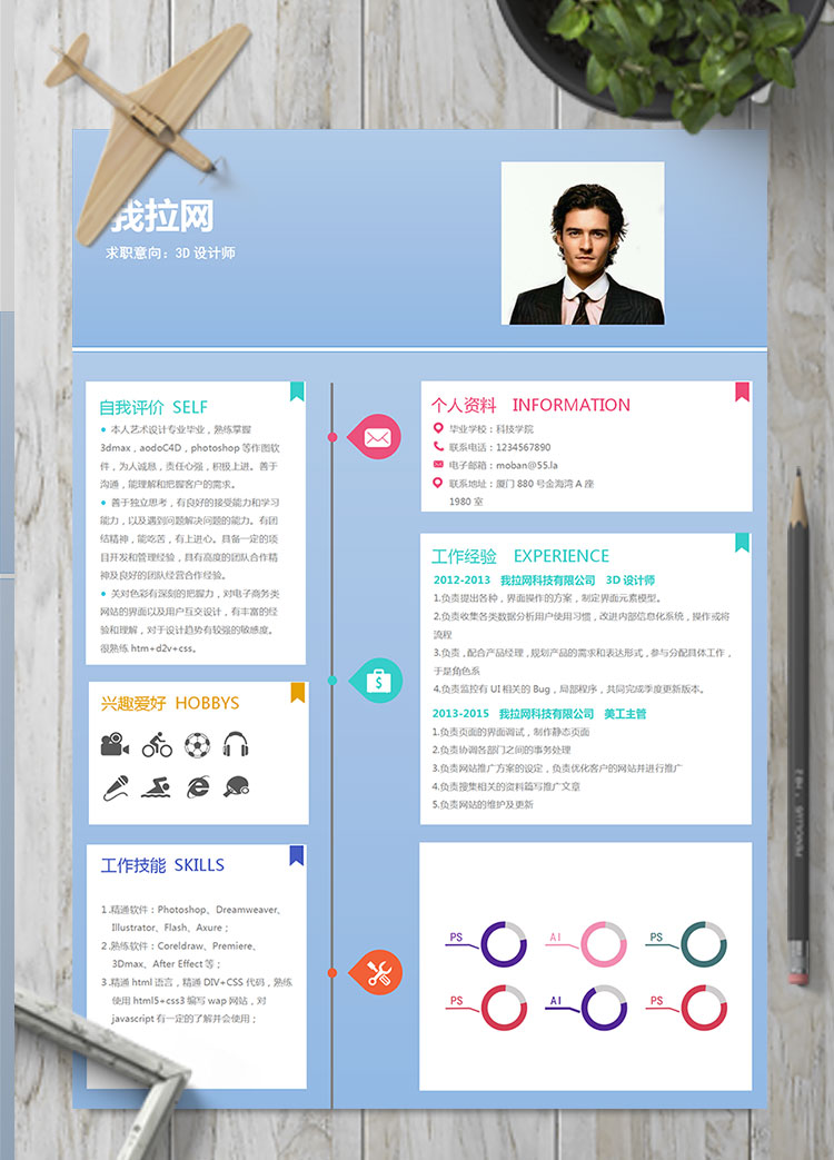 天藍(lán)色創(chuàng)意風(fēng)格3D設(shè)計(jì)師個(gè)人簡(jiǎn)歷模板