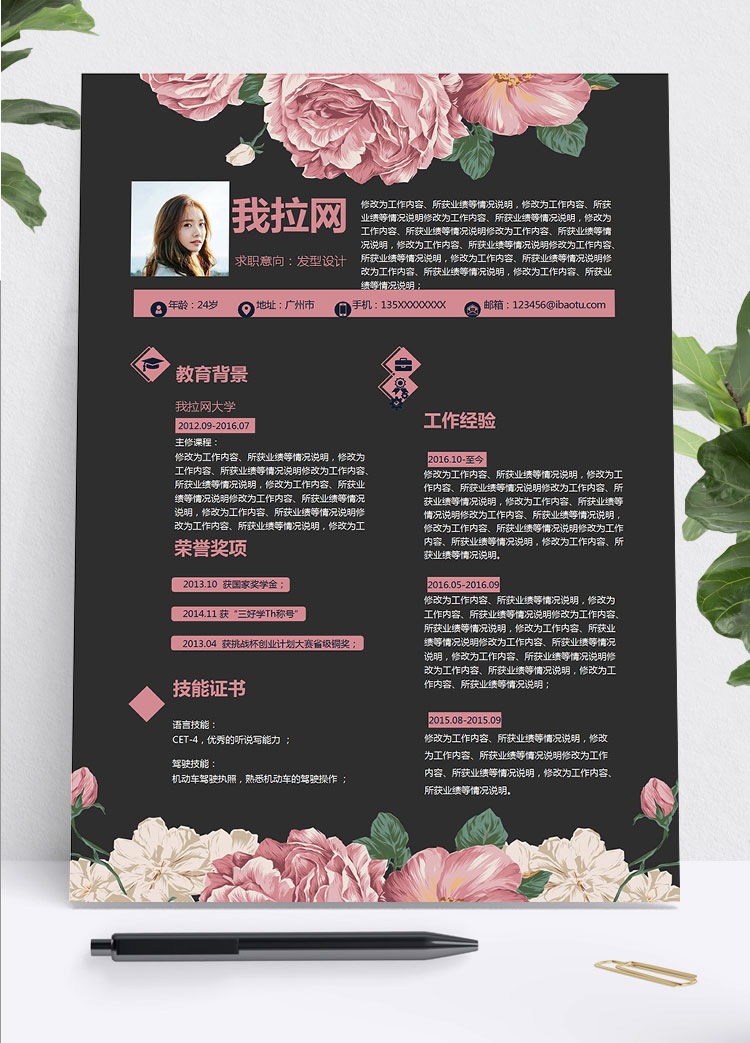 粉色唯美花蕊發(fā)型設(shè)計(jì)師個(gè)人簡(jiǎn)歷模板