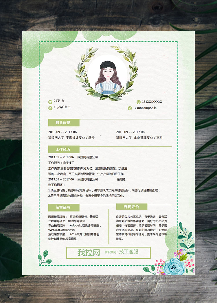 綠色系水彩唯美技工客服簡歷模板