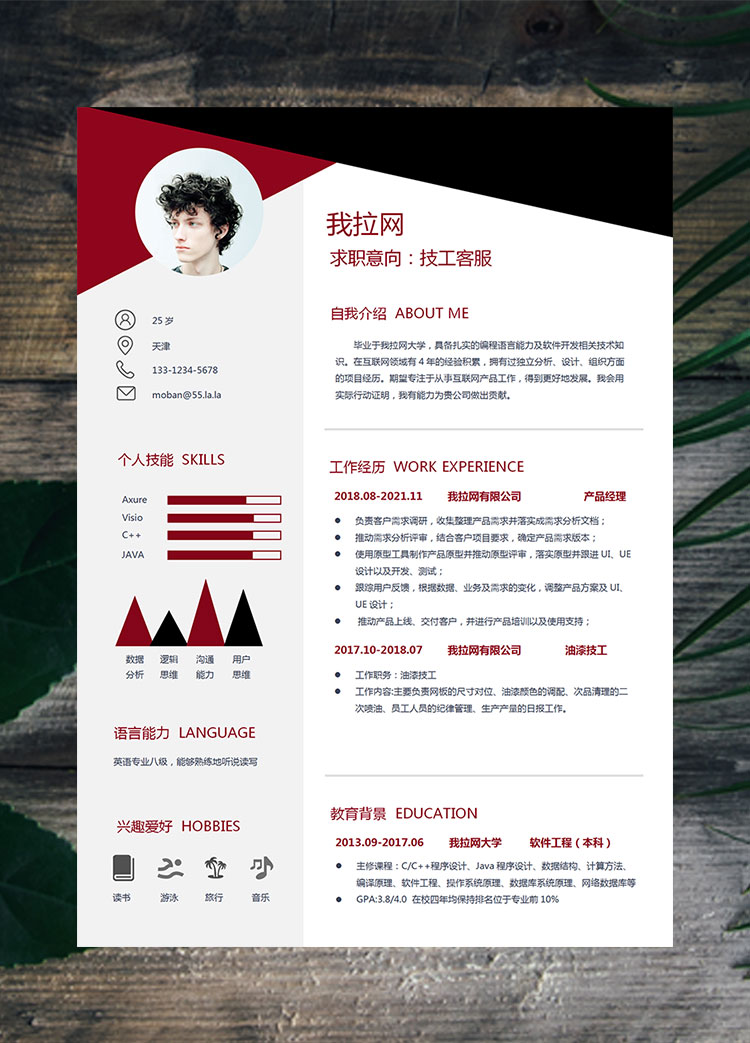 血紅色現(xiàn)代風(fēng)裝修技工客服簡歷模板