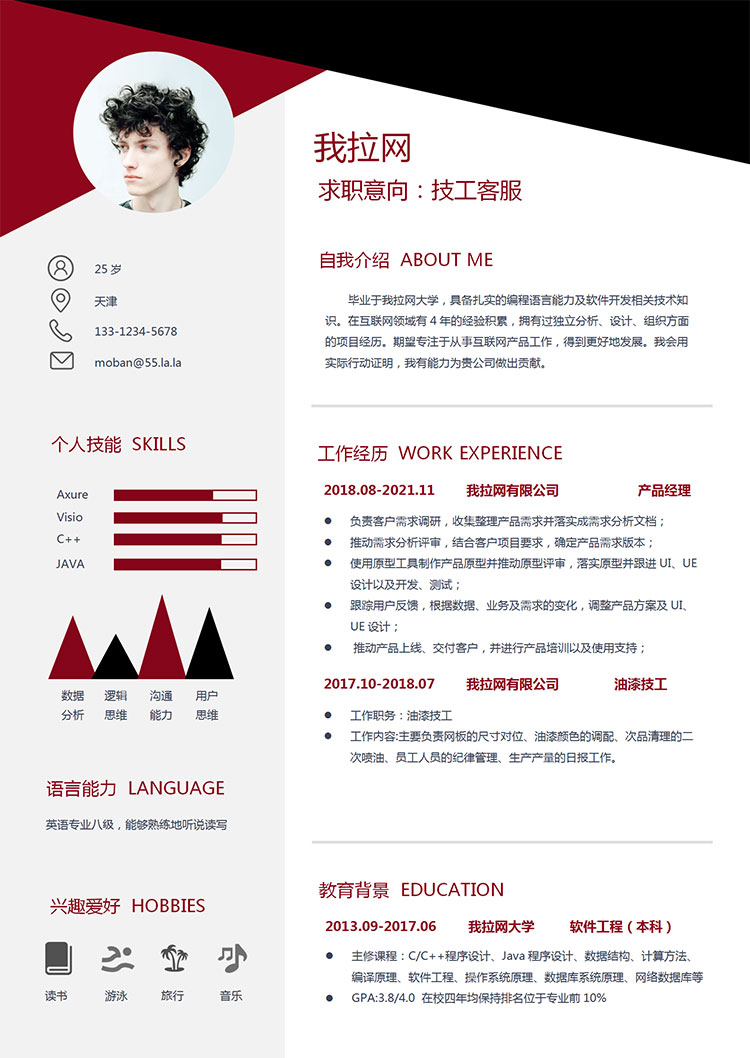 血紅色現(xiàn)代風(fēng)裝修技工客服簡歷模板-1
