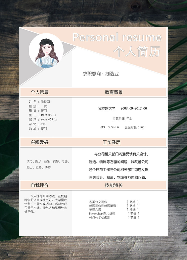 淡粉色創(chuàng)意風(fēng)制造業(yè)客服簡(jiǎn)歷模板