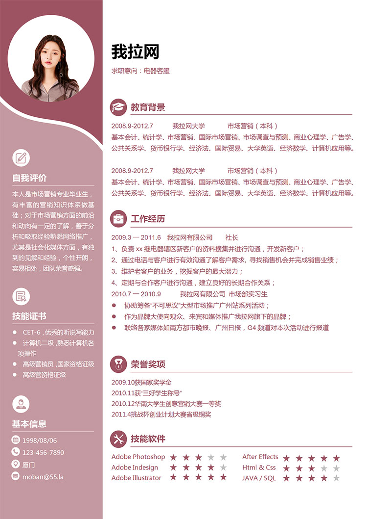 粉紅色時(shí)尚創(chuàng)意風(fēng)電器客服簡(jiǎn)歷模板-1