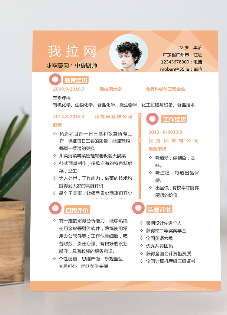 橙色系精美風(fēng)中餐廚師個(gè)人簡歷模板
