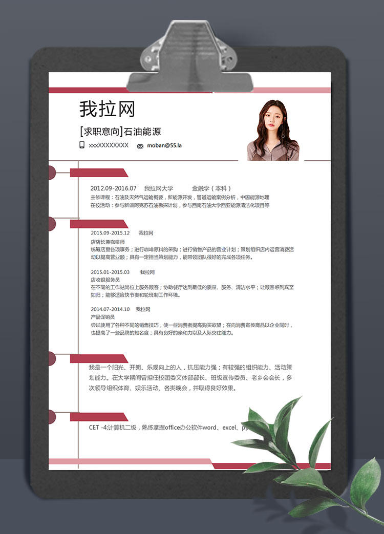紅色系簡約簡潔石油能源簡歷模板
