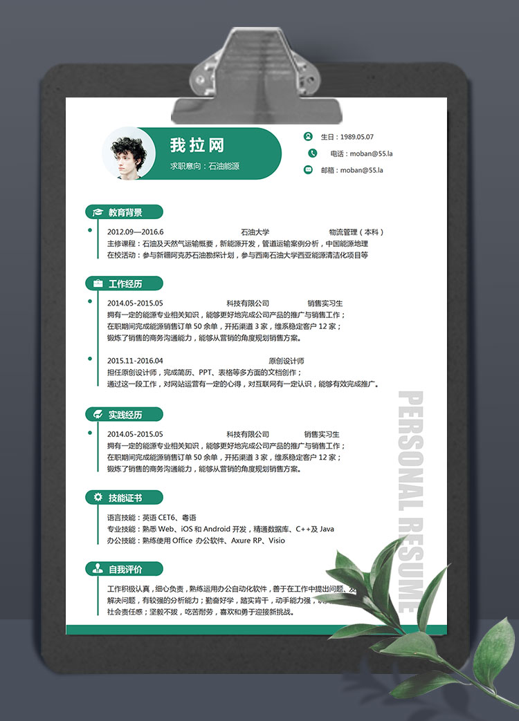 蔥綠色簡潔風(fēng)石油能源簡歷模板