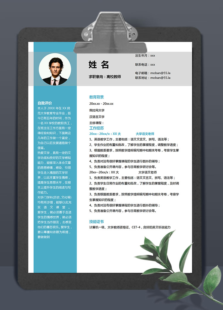 天藍色大氣風大學語文老師簡歷模板