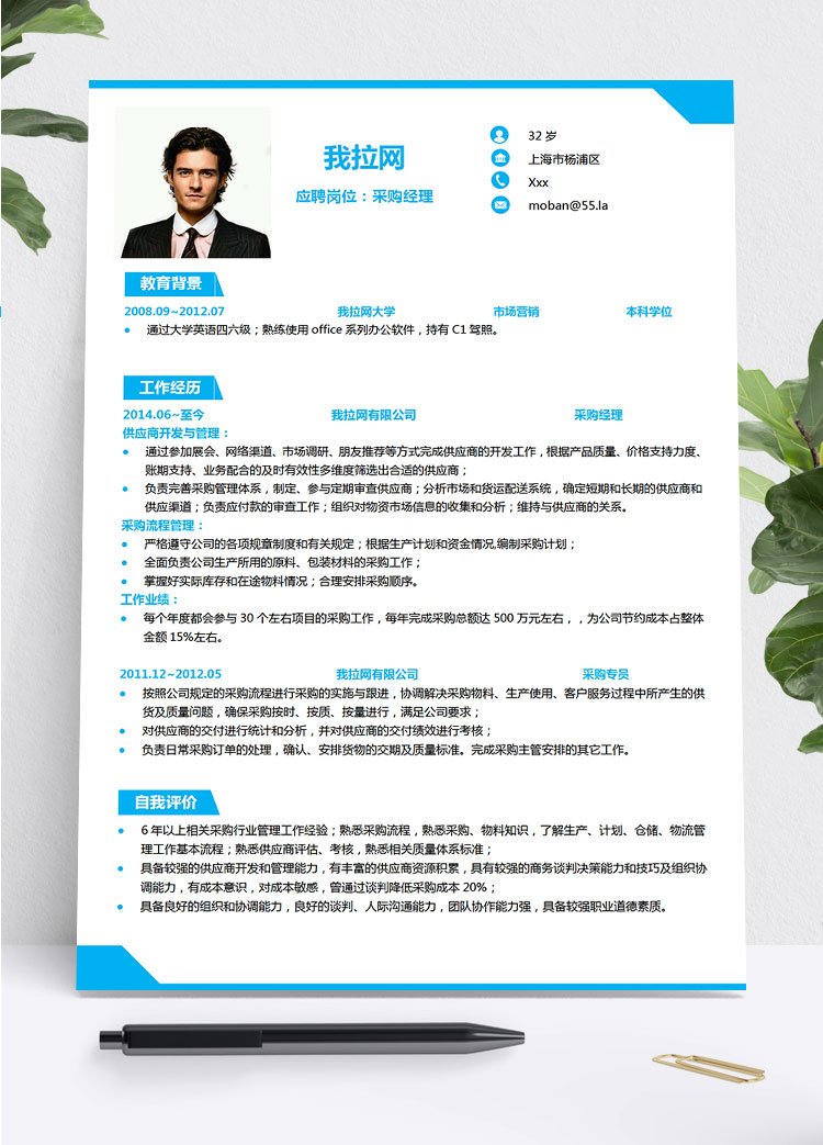 天藍色簡約采購經(jīng)理簡歷模板