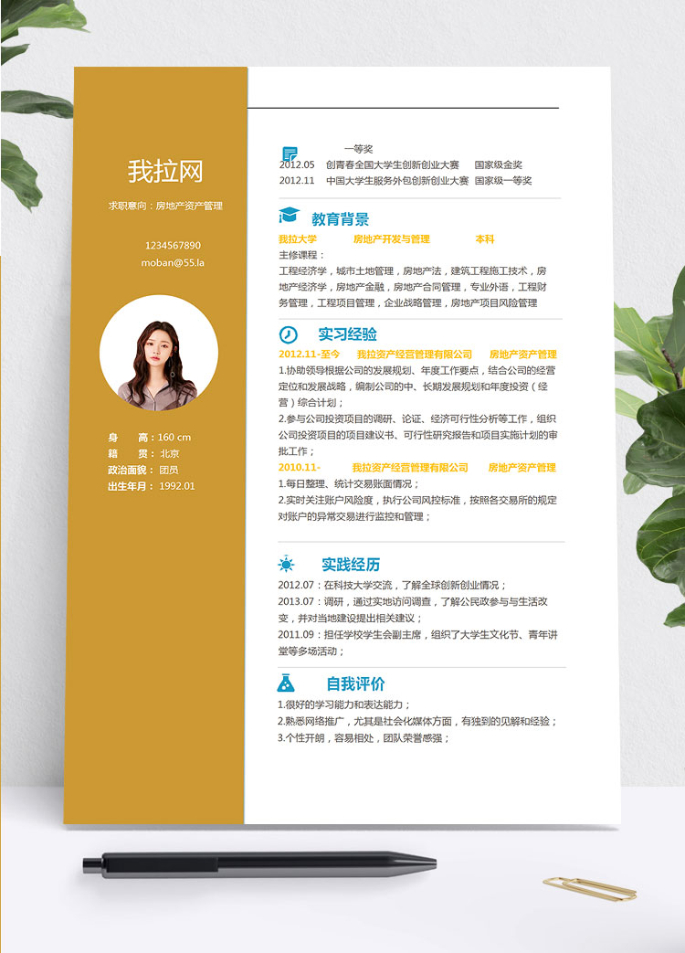 黃色系現(xiàn)代風(fēng)房地產(chǎn)資產(chǎn)管理簡歷模板
