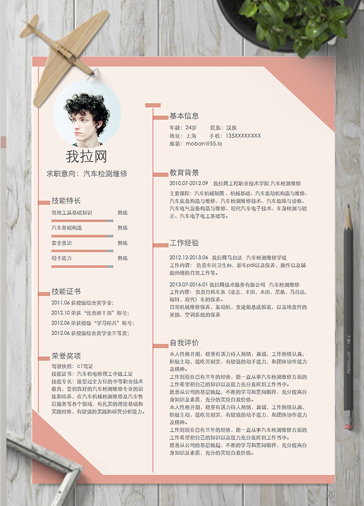 淺粉色個性風汽車檢測維修簡歷模板