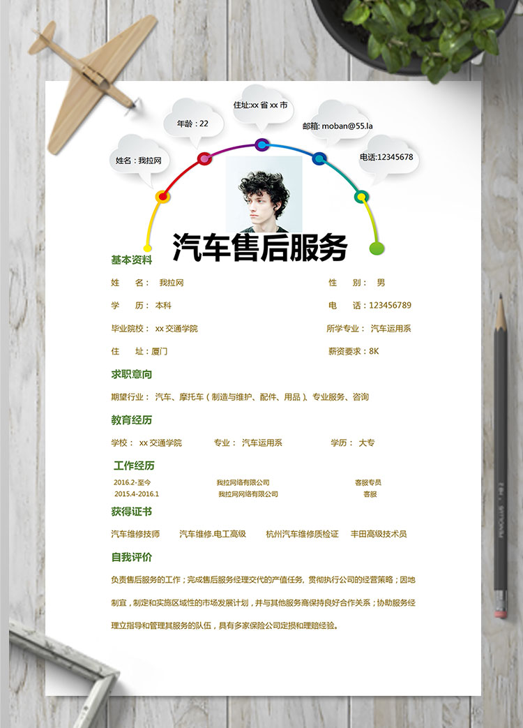 彩色系創(chuàng)意風(fēng)汽車售后服務(wù)簡歷模板