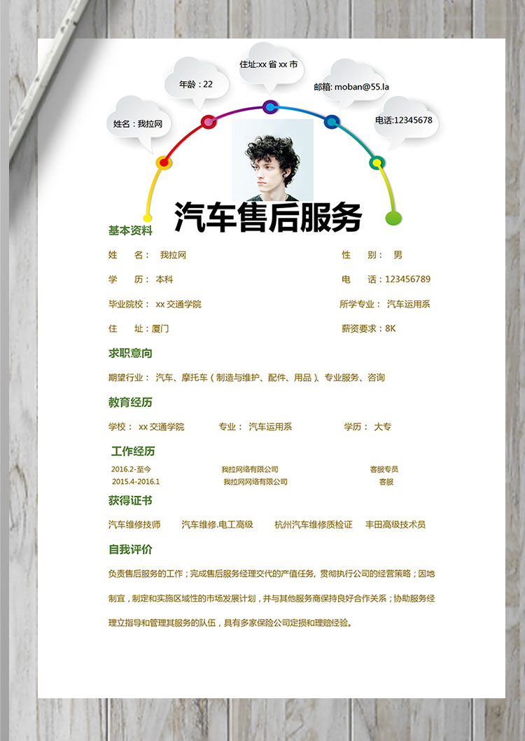 彩色系創(chuàng)意風(fēng)汽車售后服務(wù)簡歷模板-1