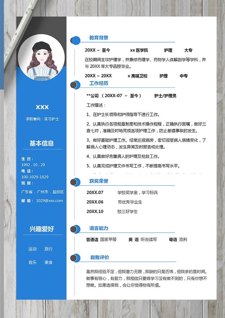 蔚藍色時尚風商務護士簡歷模板-1