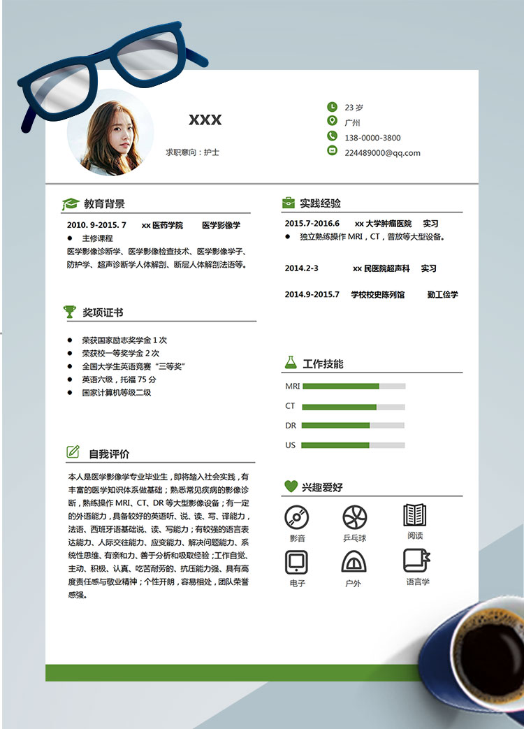綠色線條腦瘤科護(hù)士簡歷模板