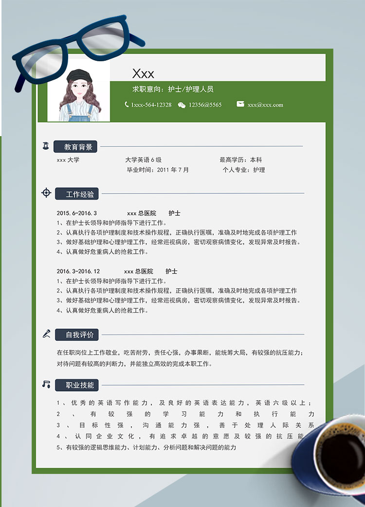 綠色方框簡(jiǎn)約護(hù)士護(hù)理個(gè)人簡(jiǎn)歷