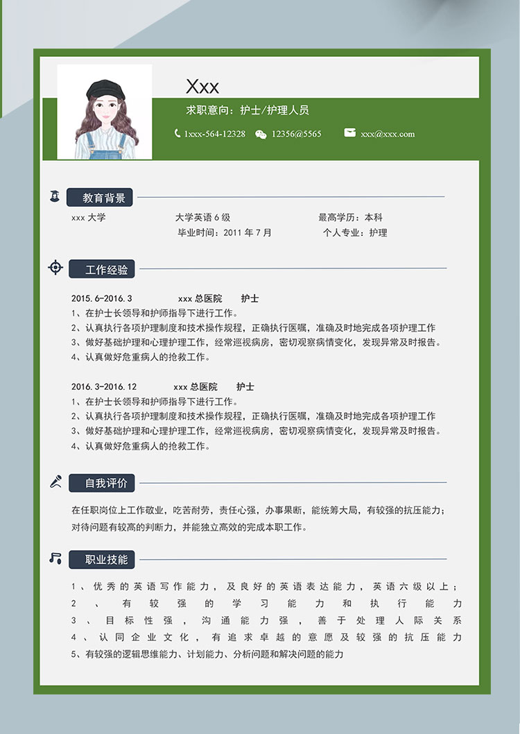 綠色方框簡(jiǎn)約護(hù)士護(hù)理個(gè)人簡(jiǎn)歷-1