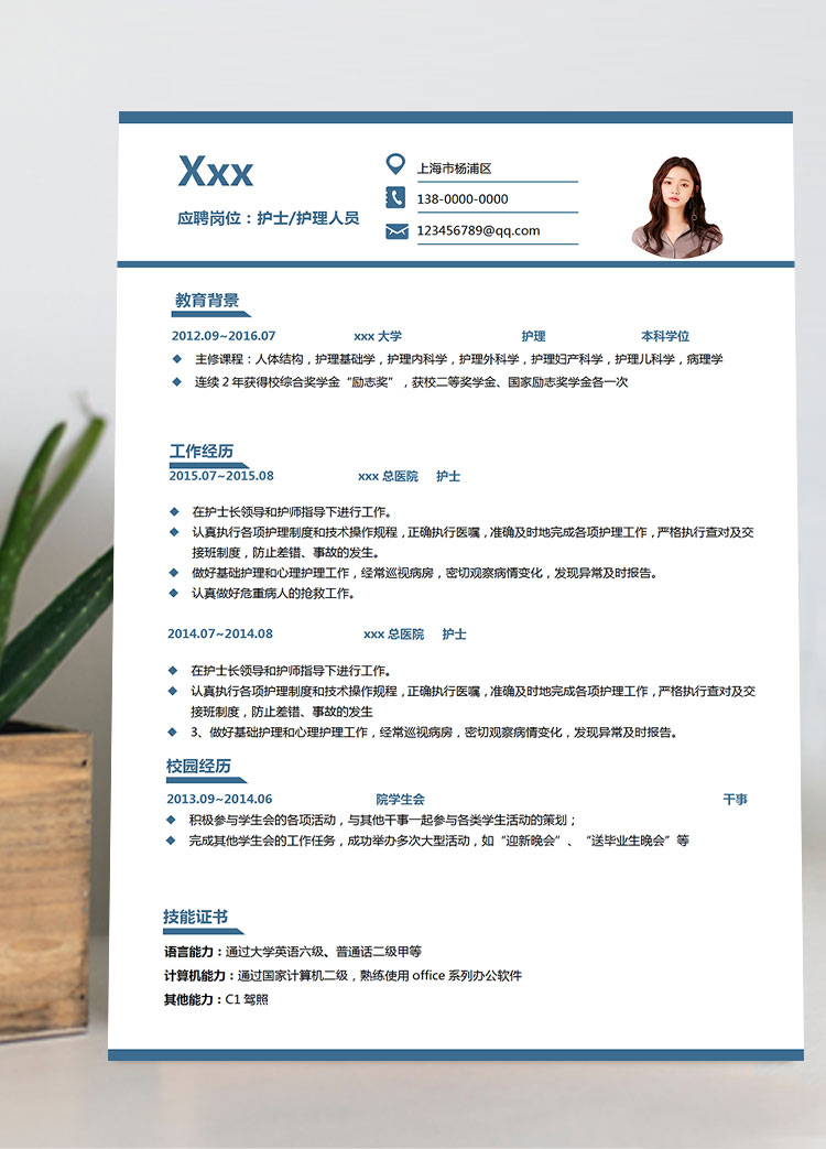 蔚藍(lán)色簡(jiǎn)潔風(fēng)護(hù)士護(hù)理簡(jiǎn)歷模板