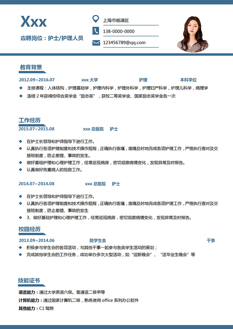 蔚藍(lán)色簡(jiǎn)潔風(fēng)護(hù)士護(hù)理簡(jiǎn)歷模板-1