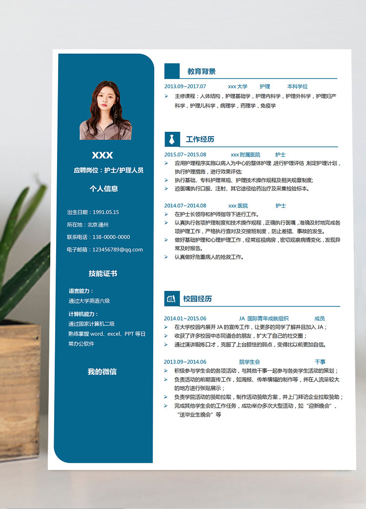 深藍(lán)色精美風(fēng)護(hù)理個(gè)人簡歷模板