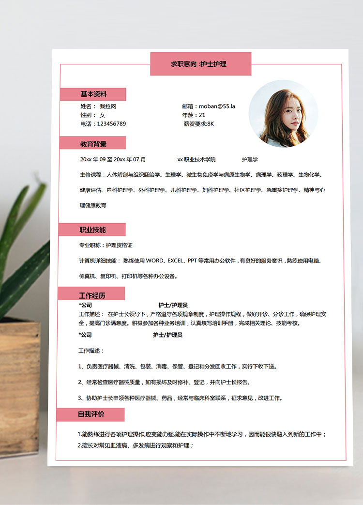 粉色系簡約風(fēng)護士護理簡歷模板