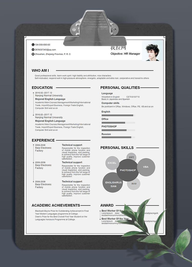 灰色線條人力資源主管英文簡歷模板
