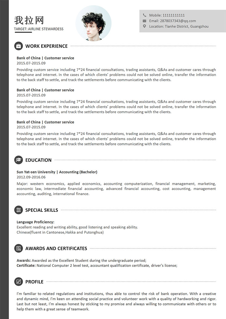 灰色經(jīng)典風(fēng)格空姐英文簡歷-1