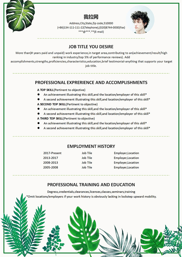 淡綠色芭蕉葉通用英文簡歷-1