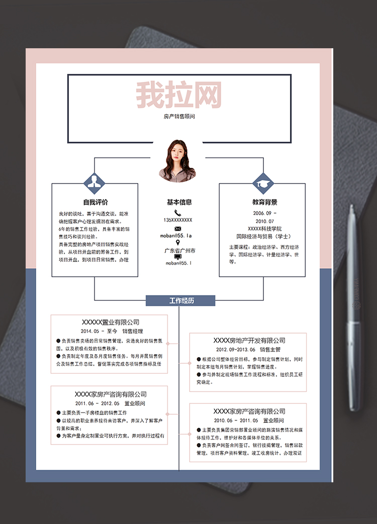 粉紅墨藍外框風(fēng)房產(chǎn)銷售顧問簡歷模板