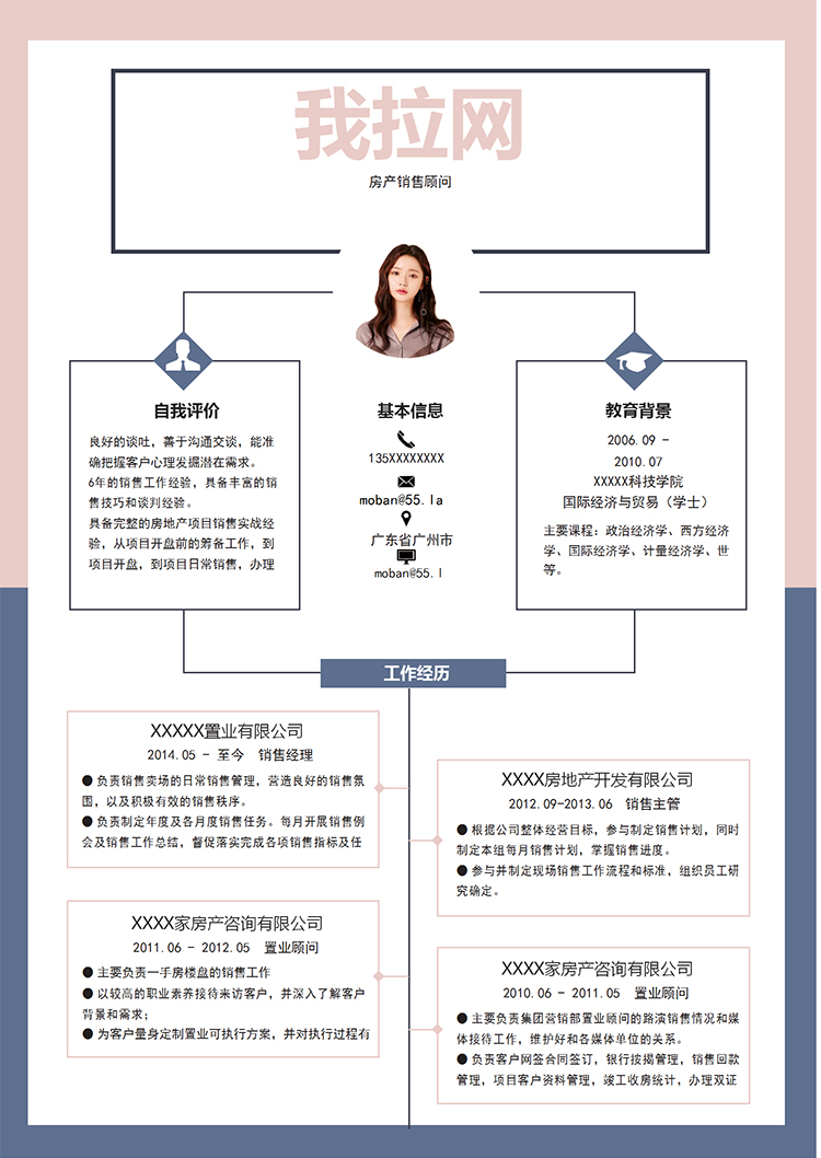 粉紅墨藍外框風(fēng)房產(chǎn)銷售顧問簡歷模板-1