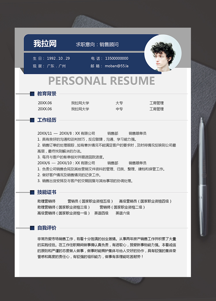 灰色深藍(lán)色銷售顧問個人求職應(yīng)屆生簡歷模板