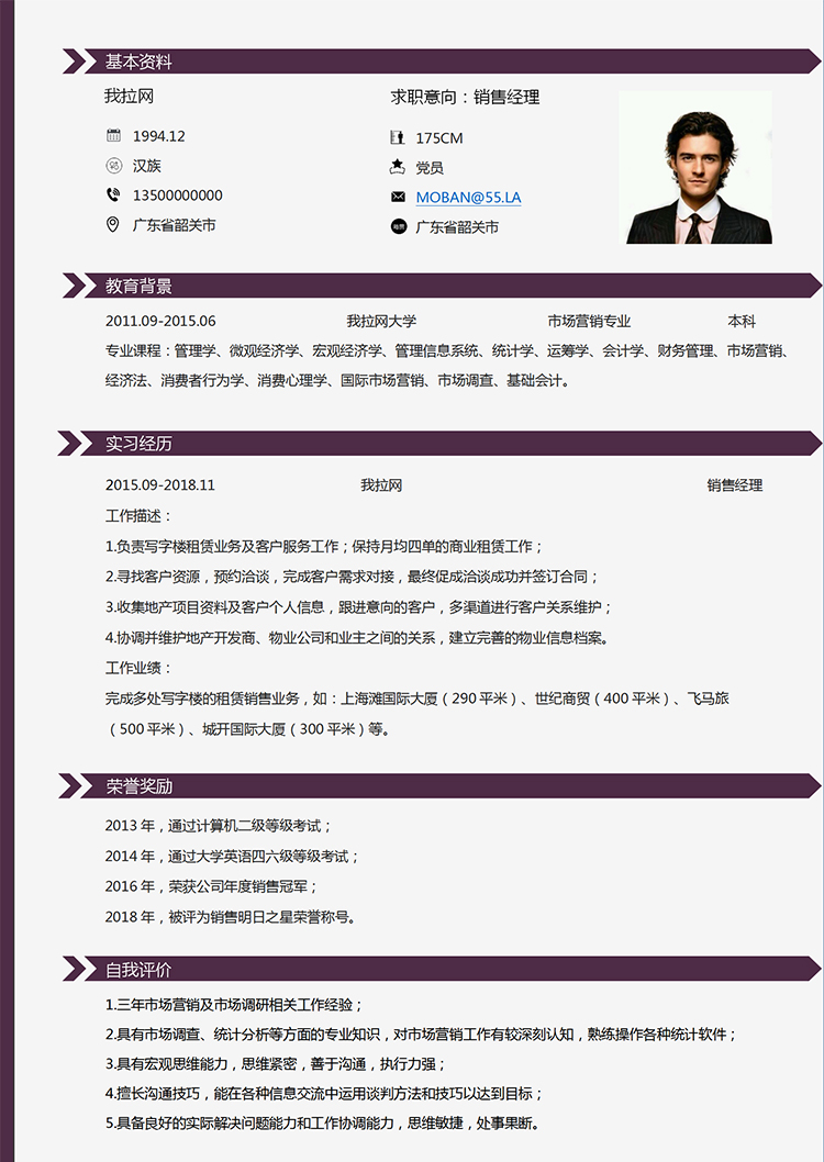 紫色大氣穩(wěn)定風(fēng)格銷售經(jīng)理1-3年工作經(jīng)驗簡歷模板-1